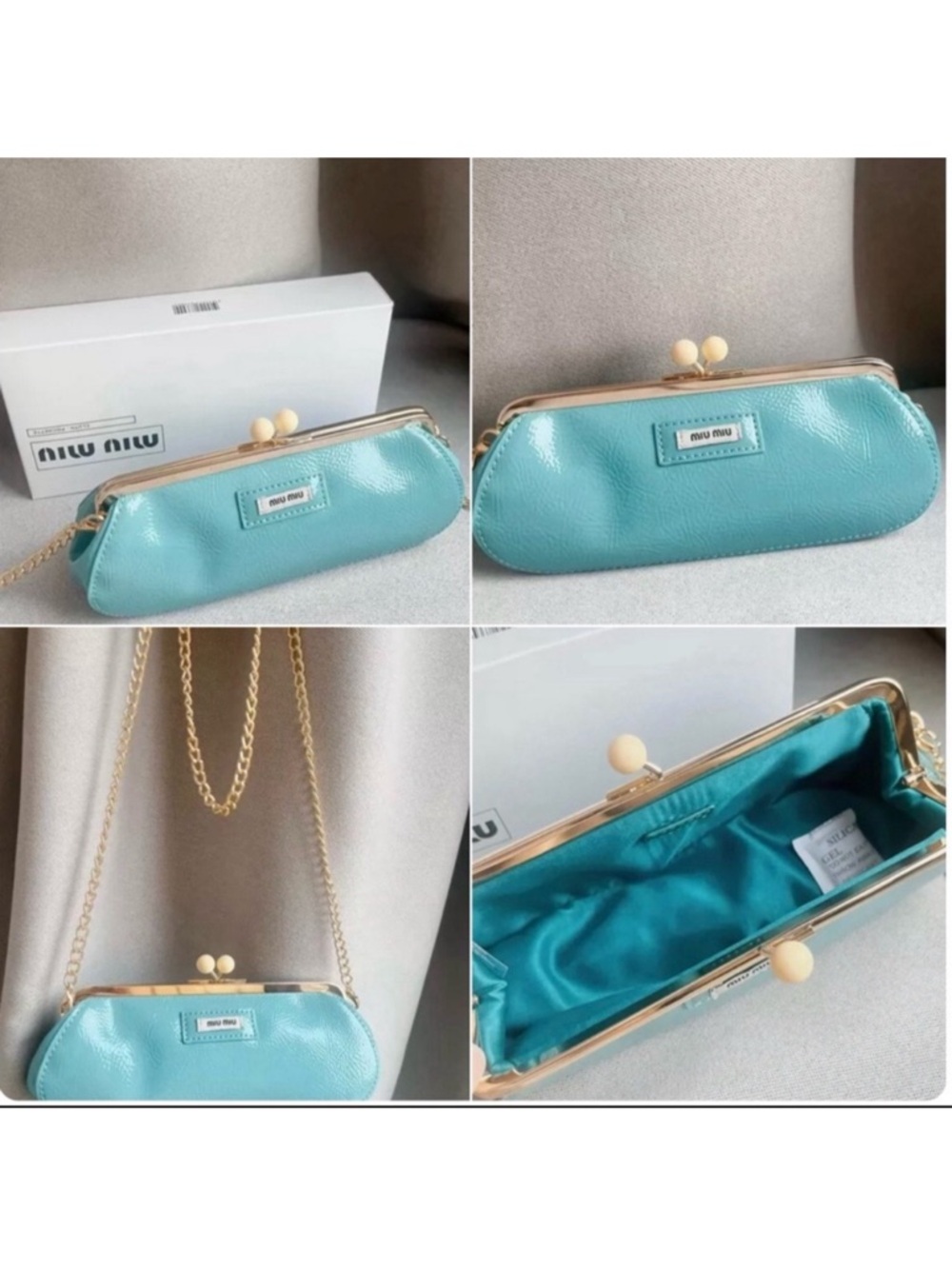 Miu Miu Teal Leather Clutch with Gold-Tone Chain - Picture 7 of 7